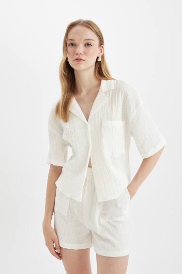 Regular Fit Polo Neck Muslin Short Sleeve Shirt