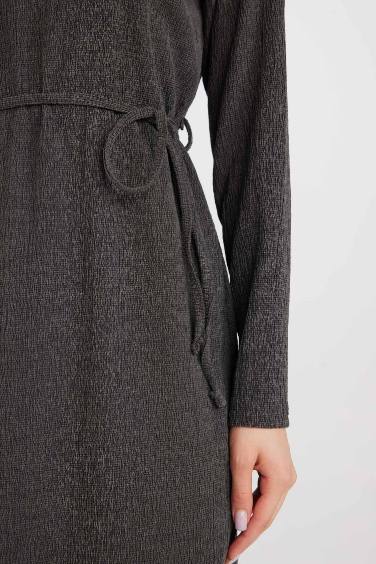 Regular Fit Bürümcük Uzun Kollu Midi Elbise