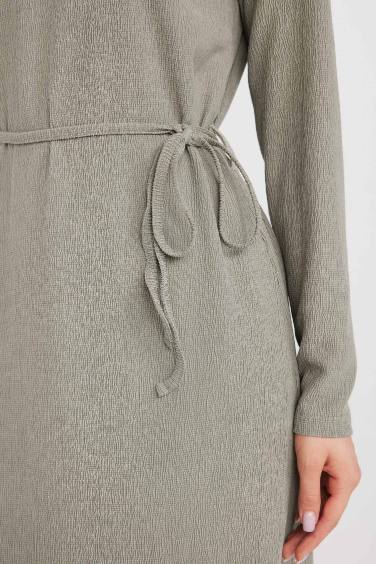 Regular Fit Bürümcük Uzun Kollu Midi Elbise