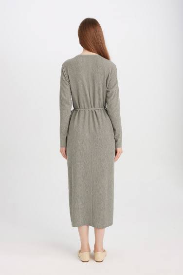 Regular Fit Bürümcük Uzun Kollu Midi Elbise