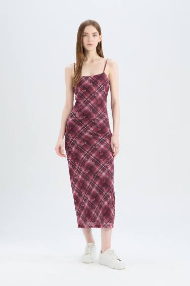 Bodycon Plaid Tulle Strappy Maxi Dress