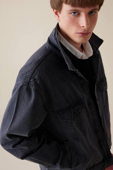 %100 Pamuk Oversize Geniş Kalıp Polo Yaka Düğmeli Cepli Yıkamalı Denim Ceket