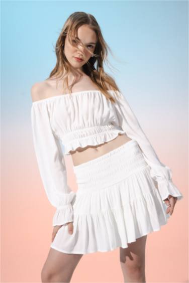 Regular Fit Omuzu Açık Krinkıl Kumaş Uzun Kollu Beyaz Bluz