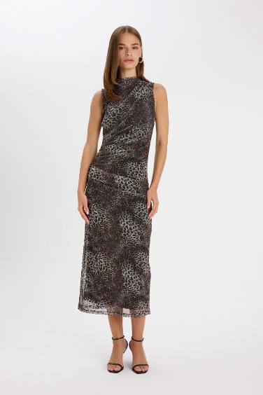 Bodycon Crew Neck Leopard Tulle Sleeveless Maxi Dress