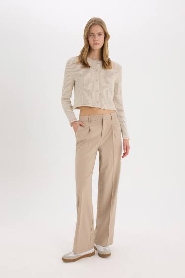 Wide Leg Kumaş Palazzo Pantolon Çift Cepli Normal Bel Standart Boy