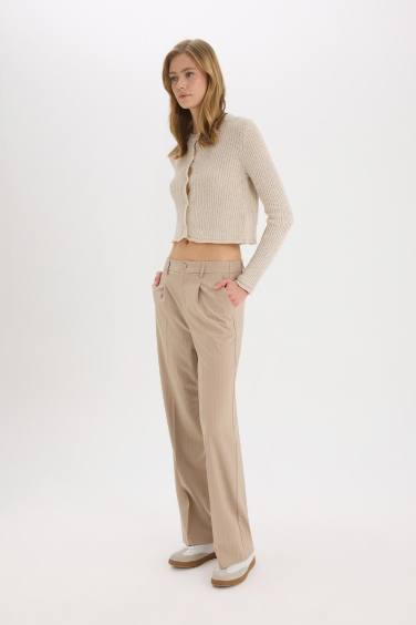 Wide Leg Kumaş Palazzo Pantolon Çift Cepli Normal Bel Standart Boy