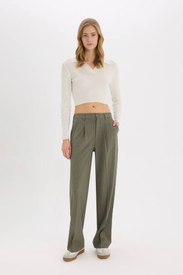 Darted Regular Waist Wide Leg Classic Fabric Trousers