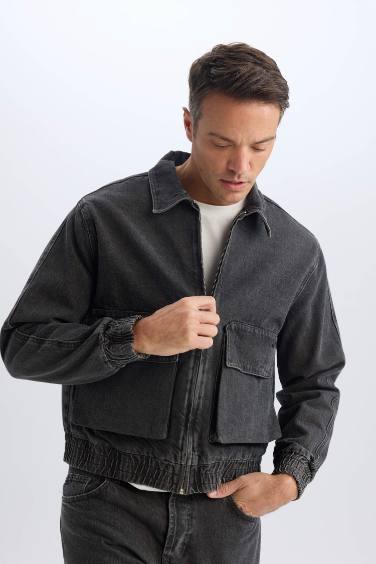 جاكيت جينز قصة مريحة بجيب وياخة بولو