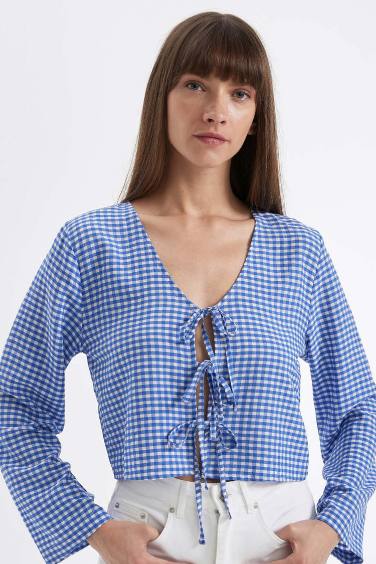 Regular Fit V Neck Crinkle Long Sleeve Blouse