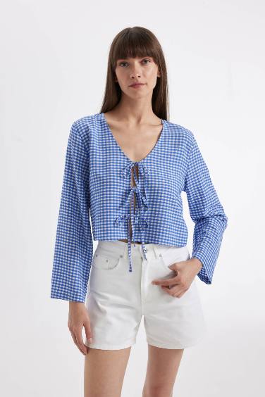 Regular Fit V Neck Crinkle Long Sleeve Blouse