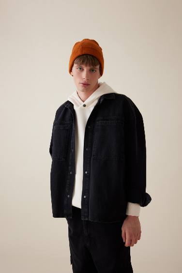 Oversize Fit Polo Neck Jean Basic Black Shirt