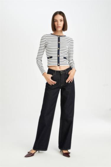 Slim Fit Dar Kesim Bisiklet Yaka Çizgili Düğmeli Smart Fitilli Kaşkorse Uzun Kollu Tişört