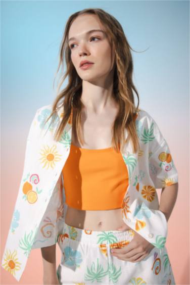 Oversize Fit Patterned Pajama Collar Short Sleeve Shirt