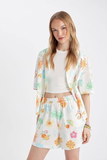 Oversize Fit Patterned Pajama Collar Short Sleeve Shirt