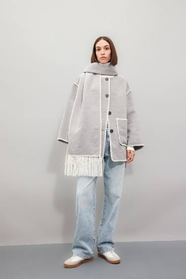 Relax Fit Cepli Düğmeli Çoban Dikişli Kaşe Mont