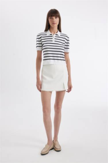 Regular Fit Polo Collar Striped Short Sleeve Knitted Pullover