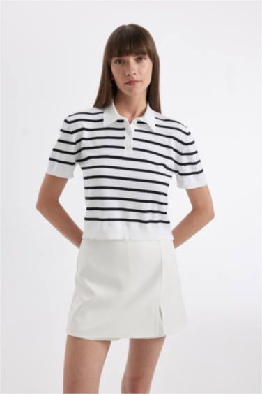 Regular Fit Polo Collar Striped Short Sleeve Knitted Pullover