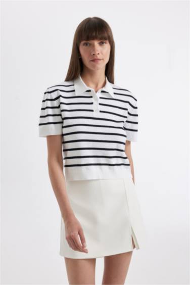 Regular Fit Polo Collar Striped Short Sleeve Knitted Pullover