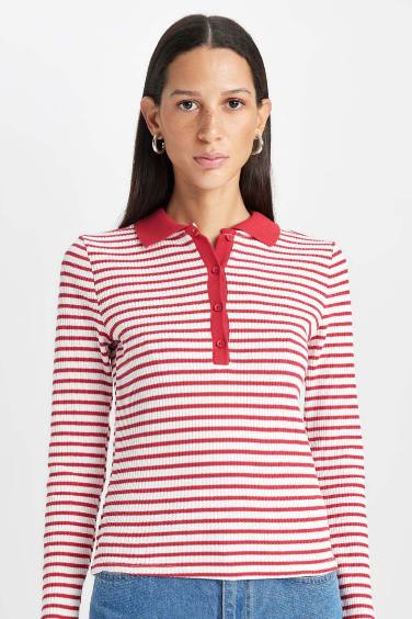 Slim Fit Polo Neck Buttoned Striped Ribbed Camisole T-Shirt