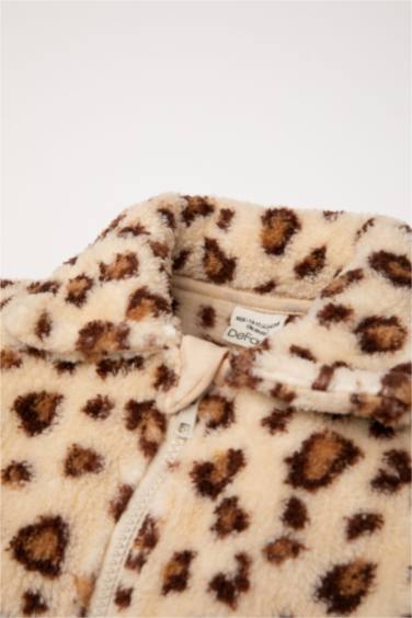 Baby Girl Zippered Leopard Patterned Welsoft Plush Cardigan