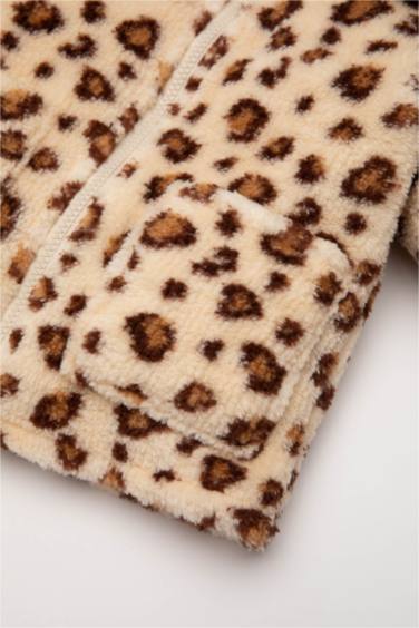 Baby Girl Zippered Leopard Patterned Welsoft Plush Cardigan