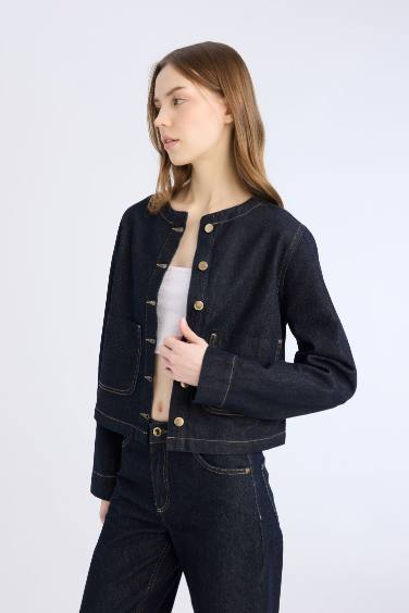 Crop Düğmeli Cepli Denim Ceket