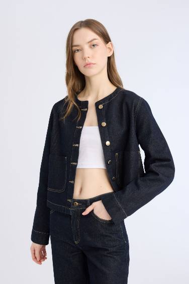 Crop Düğmeli Cepli Denim Ceket