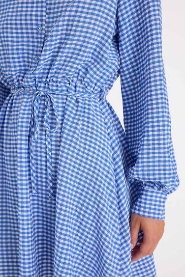 فستان قصير أزرق كم طويل بياقة قميص