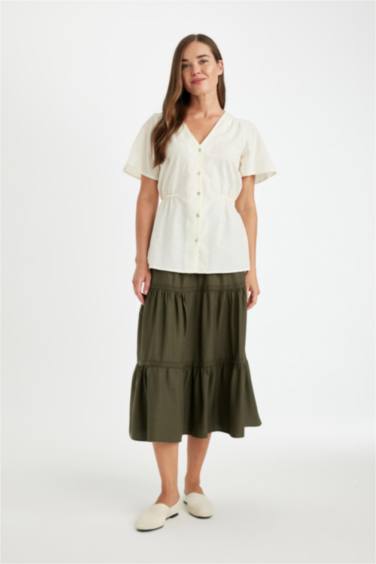 Regular Fit Beli Lastikli Belmando Kiloş Midi Etek