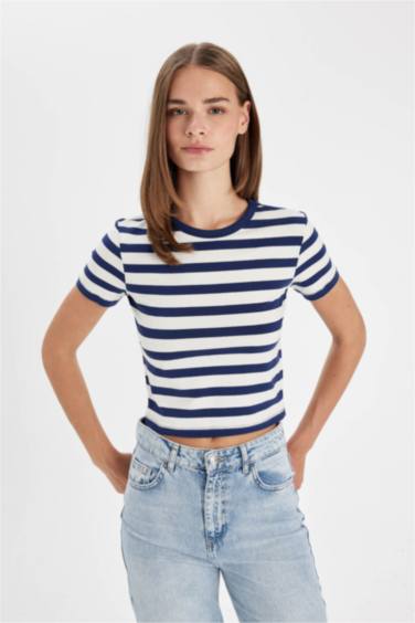 T-Shirt à Manches Courtes Coupe Slim rayé Col rond