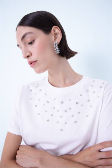 Regular Fit Bisiklet Yaka Taş Detaylı Casual Kısa Kollu Tişört