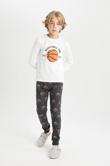 طقم بيجاما اولادي بنطلون وتيشيرت ابيض قصة عادية - قطعتين