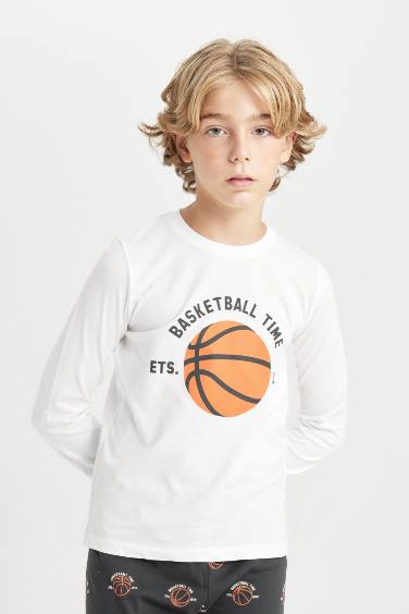 طقم بيجاما اولادي بنطلون وتيشيرت ابيض قصة عادية - قطعتين