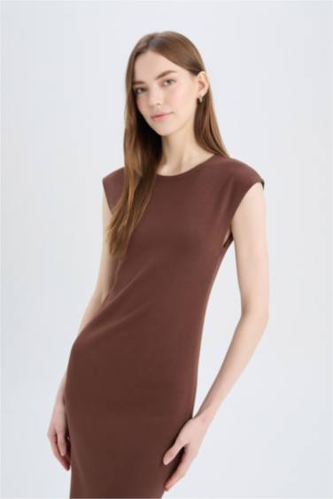 Bodycon Vücudu Saran Bisiklet Yaka Ribana Kısa Kollu Midi Elbise