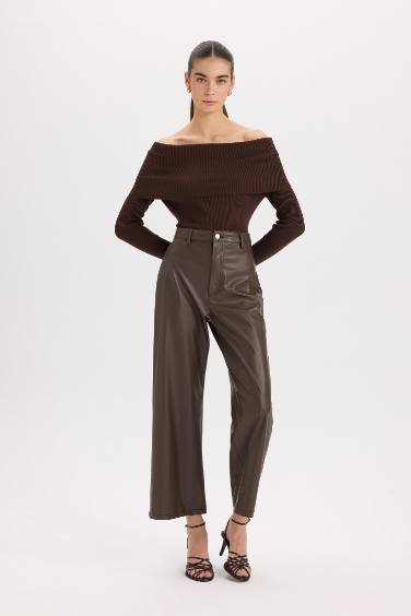 Culotte Yüksek Suni Deri Kışlık Pantolon  Bel Crop Fit Crop