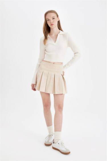 Pleated Normal Waist Gabardine Mini Skirt