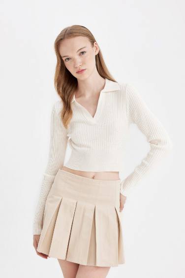 Pleated Normal Waist Gabardine Mini Skirt