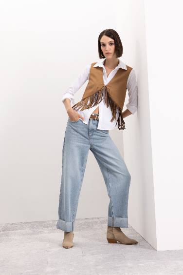 Bağlamalı Kovboy Model Püsküllü Süet Yelek