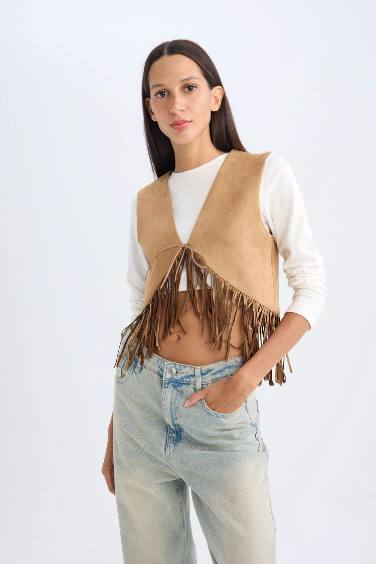 Bağlamalı Kovboy Model Püsküllü Süet Yelek