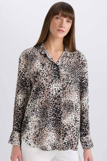 Oversize Fit Shirt Collar Animal Long Sleeve Shirt