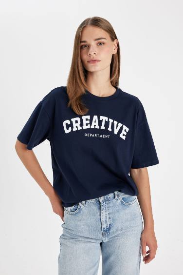 Oversize Fit Crew Neck Slogan Printed T-Shirt