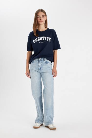 تيشيرت نص كم واسع برقبة مستديرة