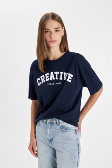 تيشيرت نص كم واسع برقبة مستديرة