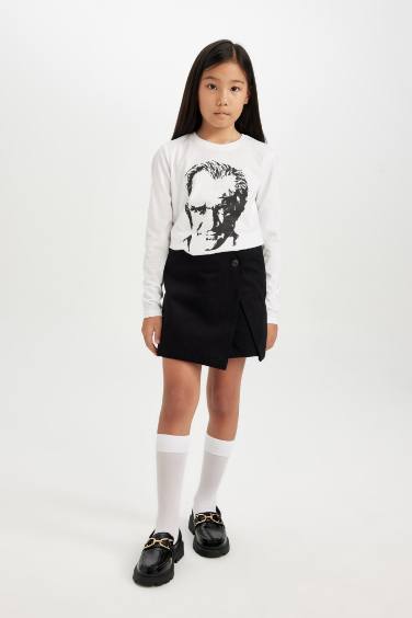 Kız Çocuk 29 Ekim Cumhuriyet Bayramı Düğmeli Gabardin Siyah Şort Etek