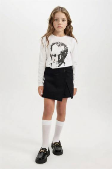 Düğmeli Gabardin Siyah Şort Etek Kız Çocuk