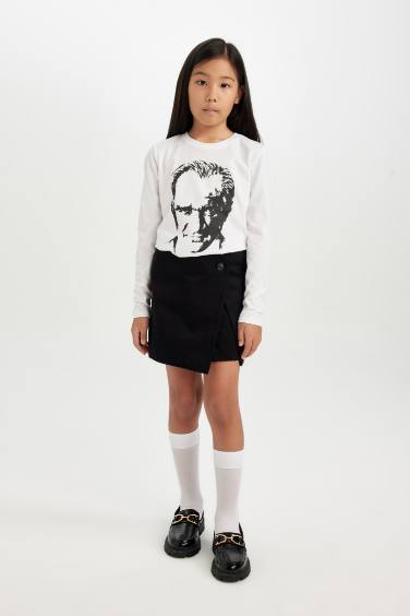 Kız Çocuk 29 Ekim Cumhuriyet Bayramı Düğmeli Gabardin Siyah Şort Etek