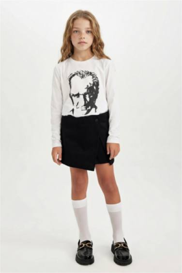 Düğmeli Gabardin Siyah Şort Etek Kız Çocuk