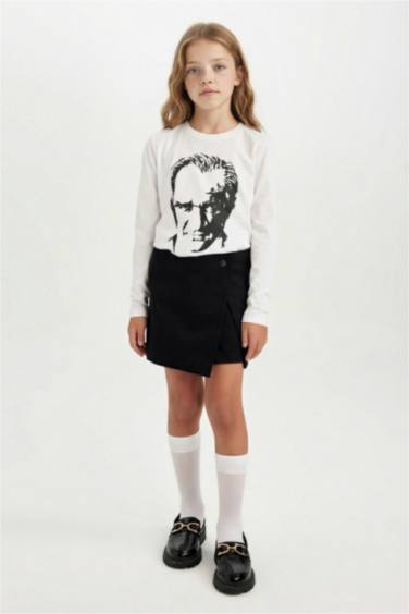 Düğmeli Gabardin Siyah Şort Etek Kız Çocuk