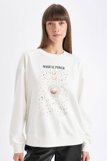 Relax Fit Crew Neck Printed Thin Casual Sweatshirt