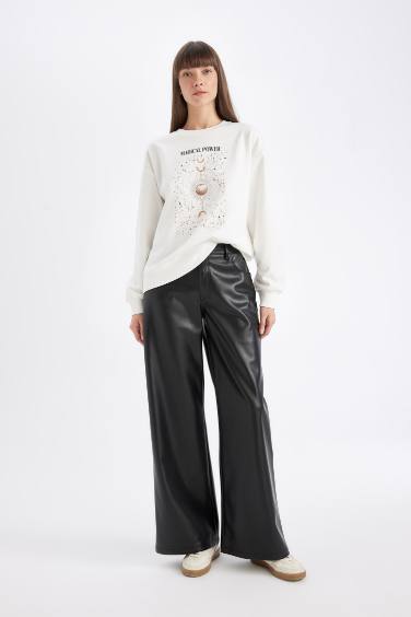 Relax Fit Bisiklet Yaka Baskılı İnce Sweatshirt